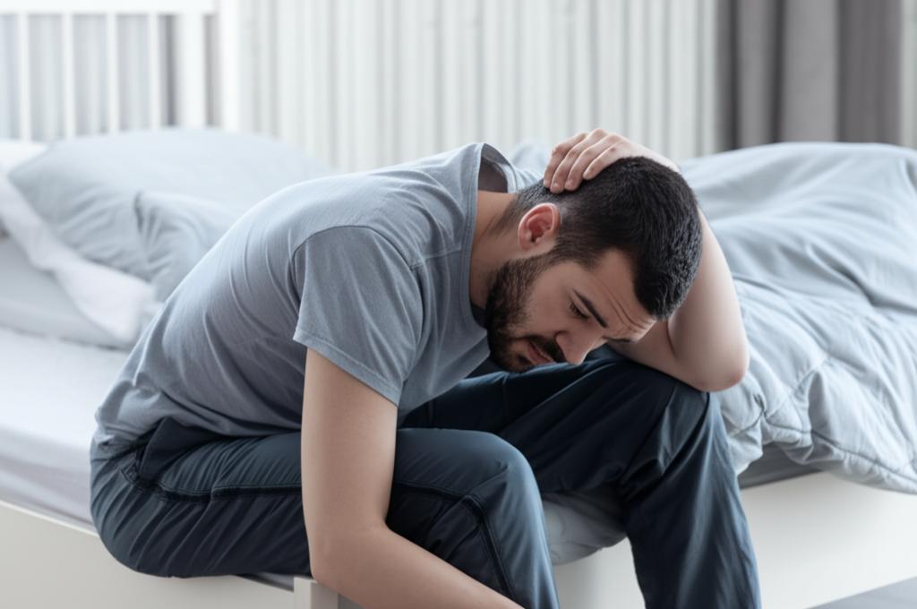 A man sitting on the edge of the bed, looking stressed and tired.