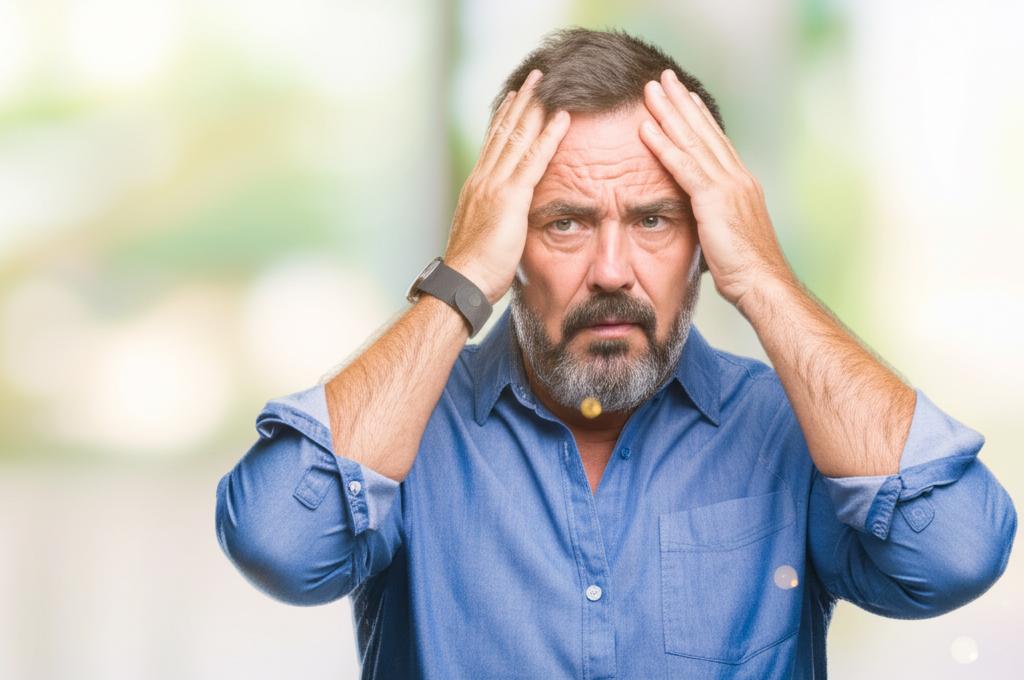 A middle-aged man looking stressed and tired, holding his head in his hands, symbolizing the pressures of mid-life.