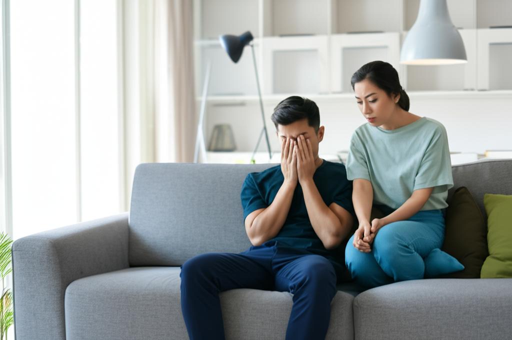 Man sitting on sofa looking tired, partner looking concerned, modern apartment in Singapore style