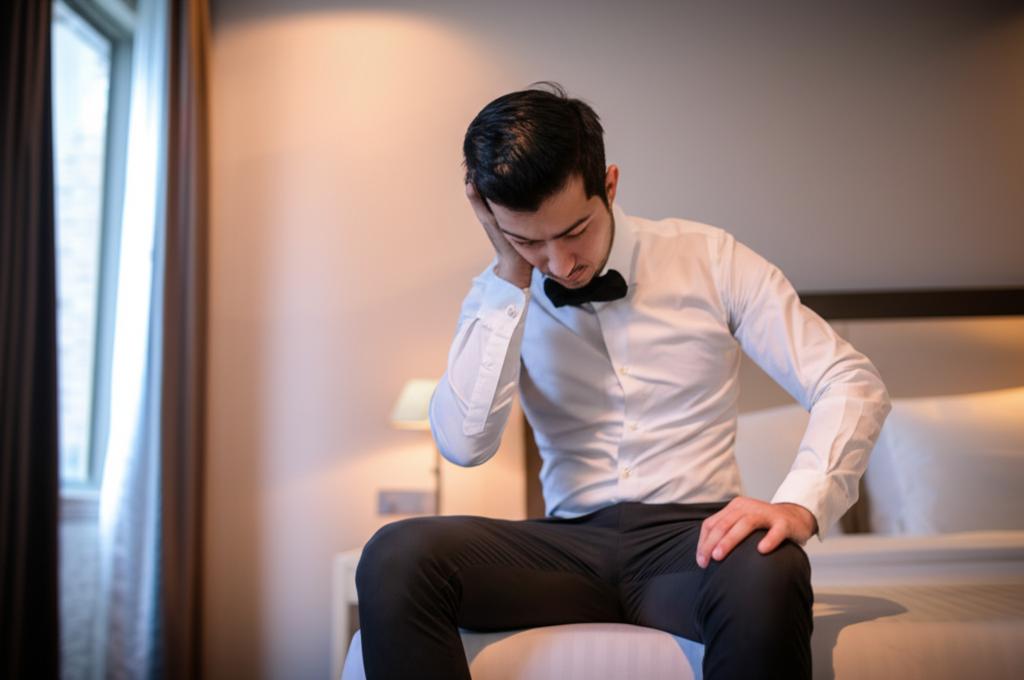 Tired businessman sitting in a hotel room looking stressed, low angle shot