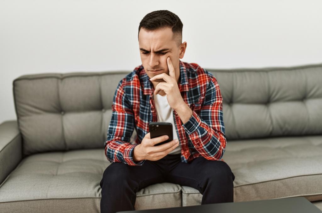 A man looking thoughtful and slightly frustrated, sitting on a couch, perhaps looking at his phone or into the distance. The atmosphere is slightly subdued.