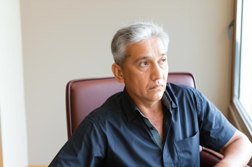 Middle-aged man looking thoughtful and slightly tired, sitting alone, subtle lighting, realistic photo
