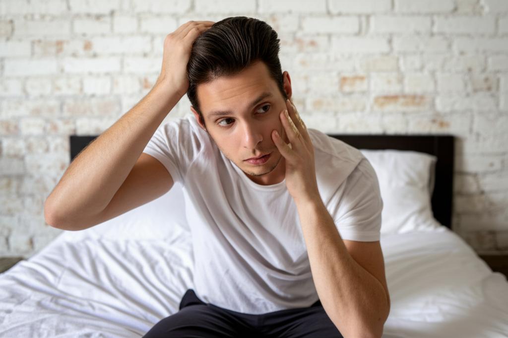 Man looking stressed and worried after a difficult conversation with his partner, sitting alone on a bed