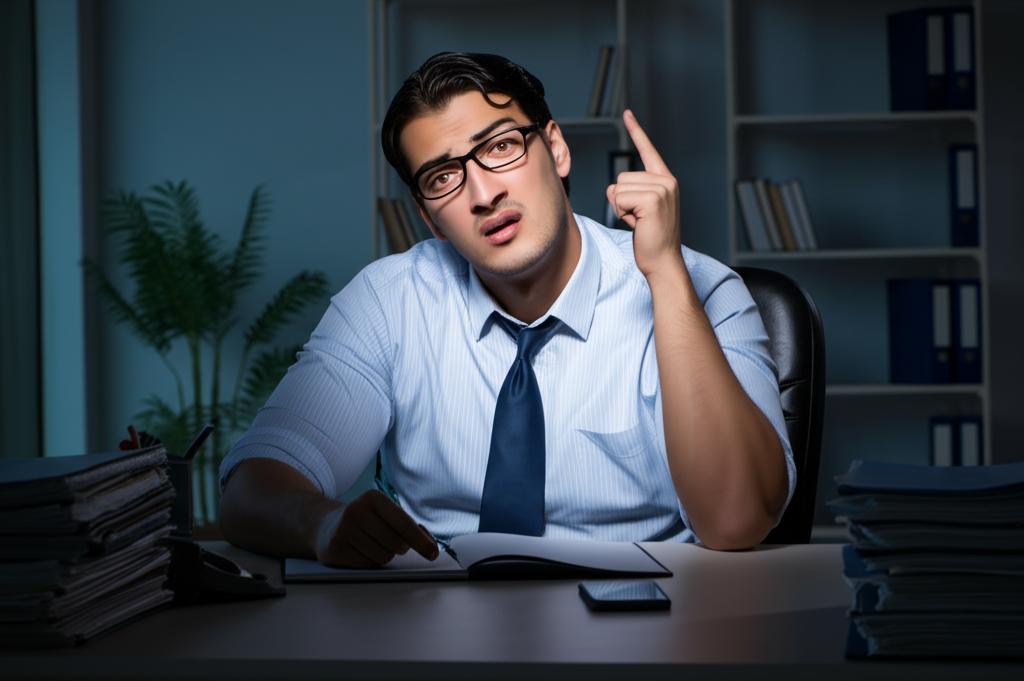 A stressed businessman sitting at his desk late at night, surrounded by paperwork, looking exhausted.