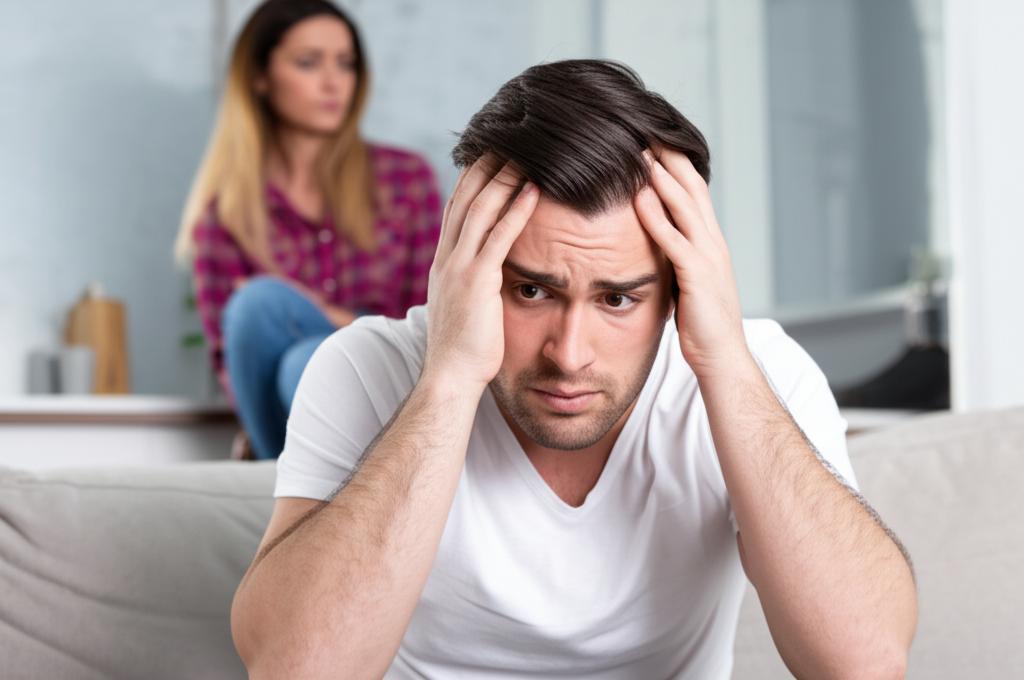 A man sitting alone on a sofa looking worried and frustrated, with a woman in the background looking distant. Moody lighting.