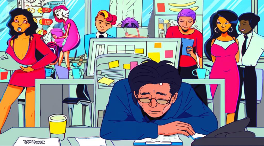 Illustration of a tired office worker slumped at a desk, surrounded by vibrant, energetic colleagues, in a modern office setting.