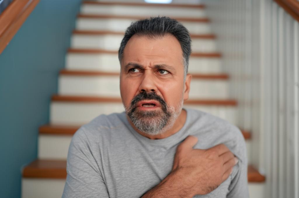Middle-aged man feeling tired and out of breath climbing stairs, looking frustrated, realistic photo