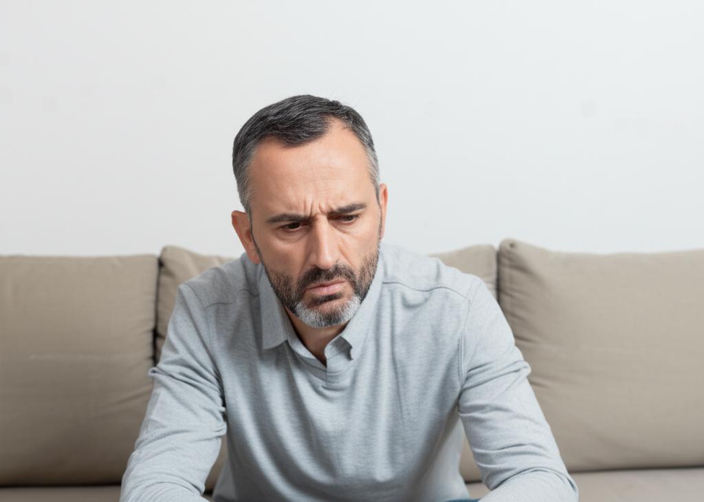 A middle-aged man sitting on a sofa, looking tired and stressed, with a worried expression, symbolizing decline in vitality and intimacy
