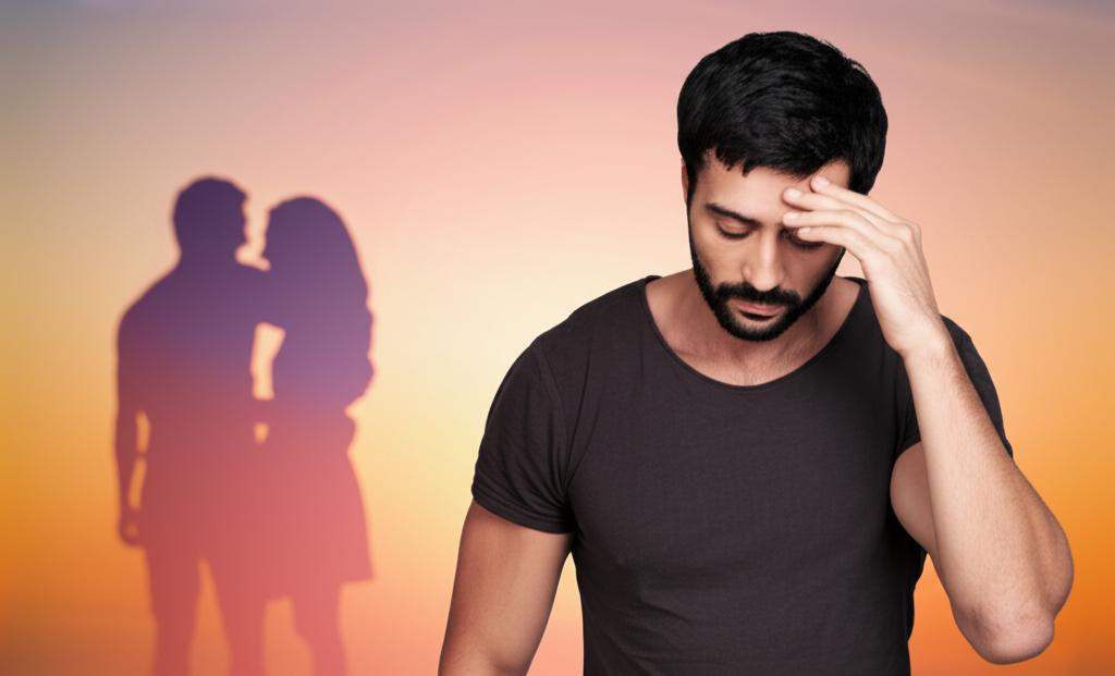 Illustration of a man looking tired and stressed, contemplating his declining energy levels, with a fading silhouette of a vibrant couple in the background. Digital art, realistic style.