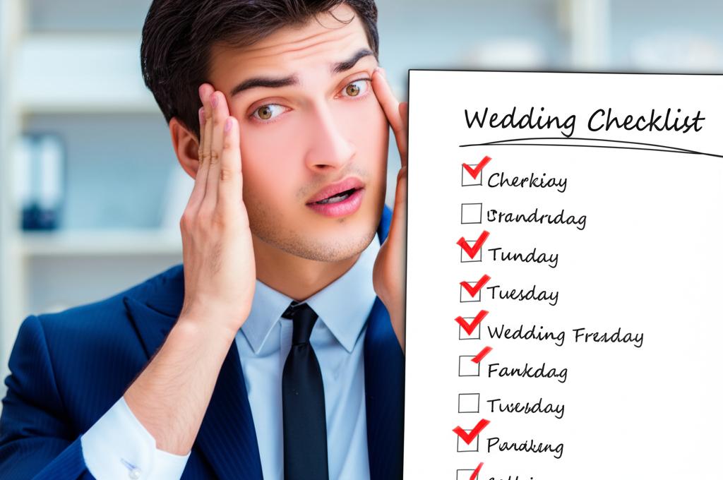 A stressed groom rubbing his temples while looking at a wedding planning checklist.