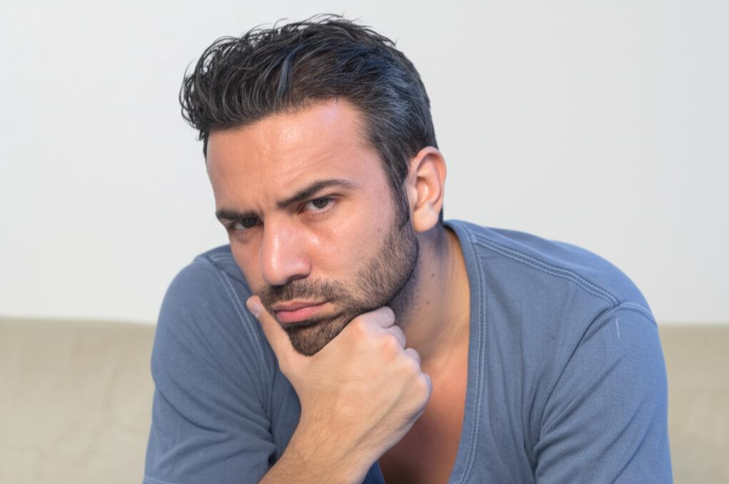 man looking frustrated and tired, sitting alone, subtle emotional struggle, realistic photo