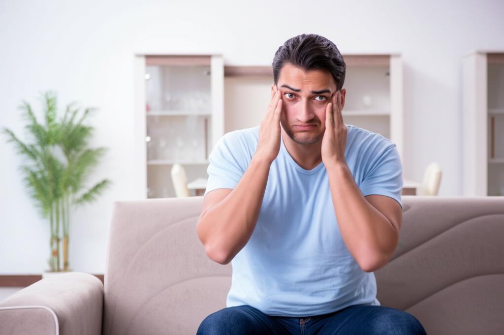 A young man looking tired and stressed after work, sitting on a couch with a disappointed expression.