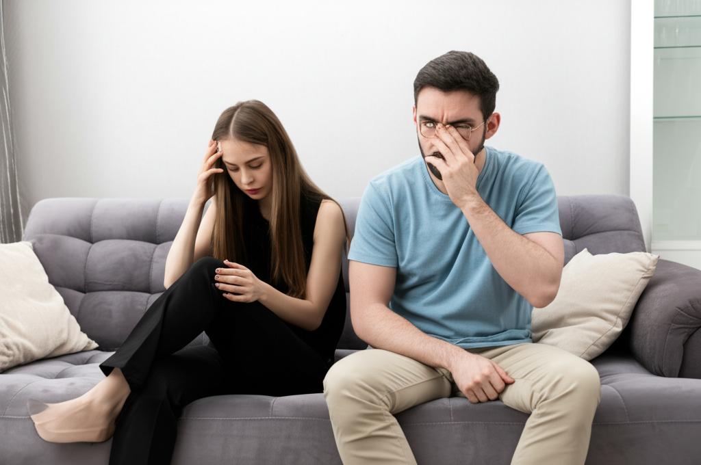 A sad couple sitting on the couch, feeling distant from each other.