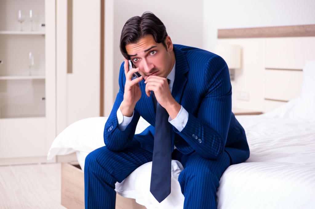 A stressed businessman sitting on the edge of a bed in a hotel room, looking tired and worried.