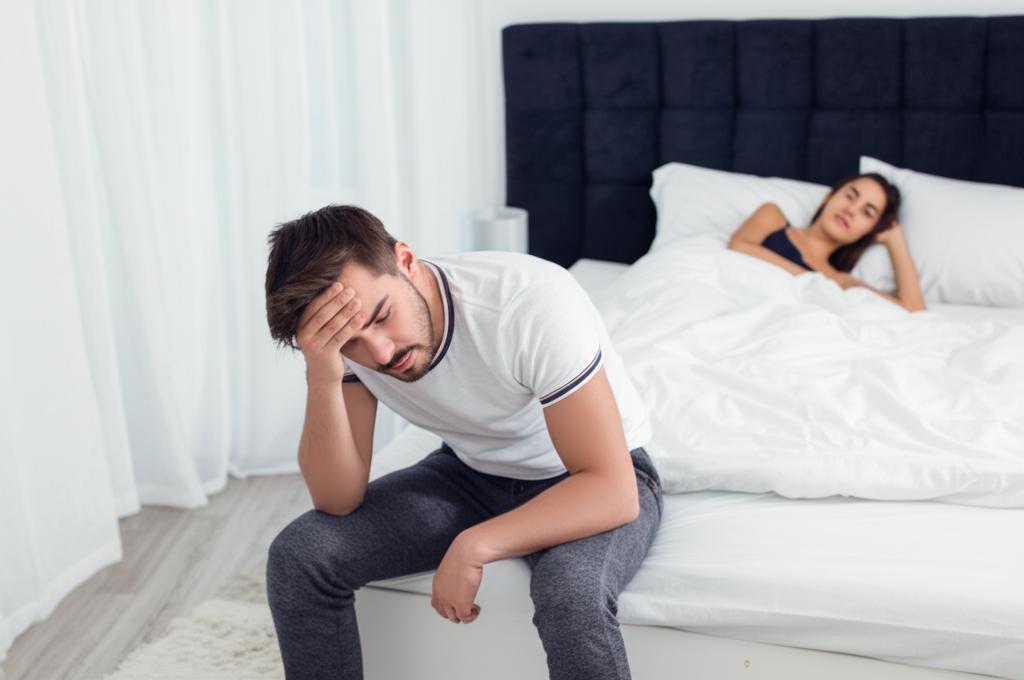 A man sitting on the edge of the bed, looking stressed and worried, with a woman sleeping next to him.