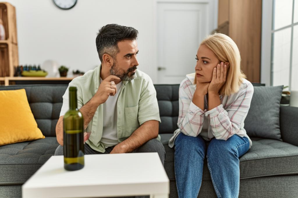 A middle-aged couple sitting on the sofa, looking at each other with tired expressions, a bottle of wine on the table.
