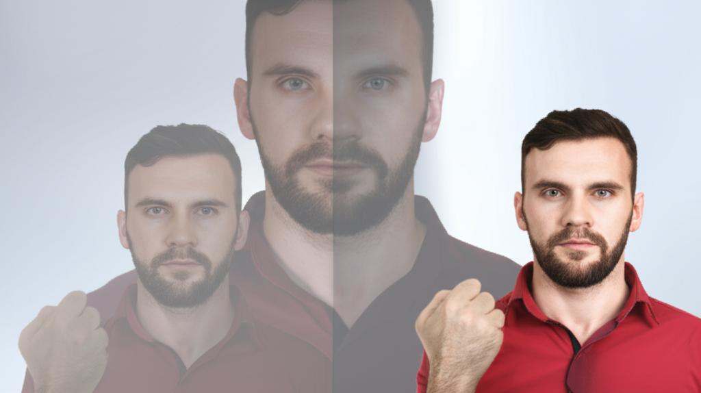 A before and after photo of a man, showing him looking tired and stressed in the before photo and energetic and confident in the after photo.