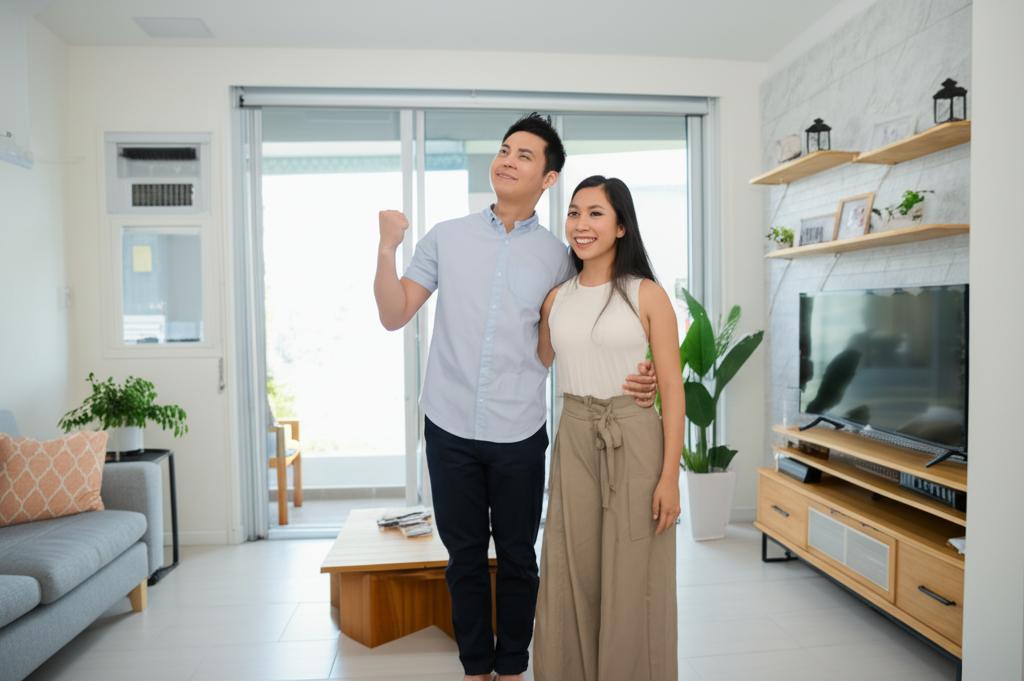Happy couple in Singapore apartment, man looking energetic, woman smiling