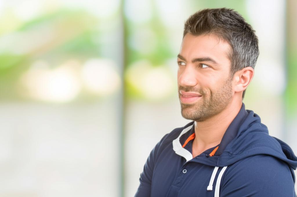 Man looking more confident and relaxed, perhaps exercising or spending quality time