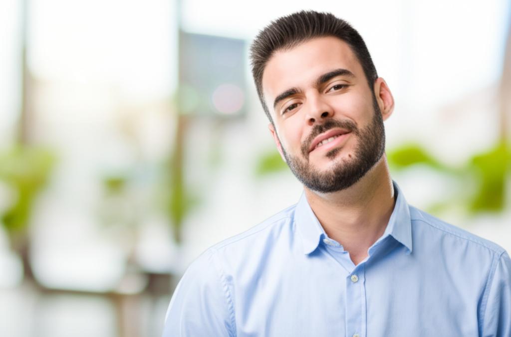 Man looking refreshed and confident, perhaps in a park or bright office