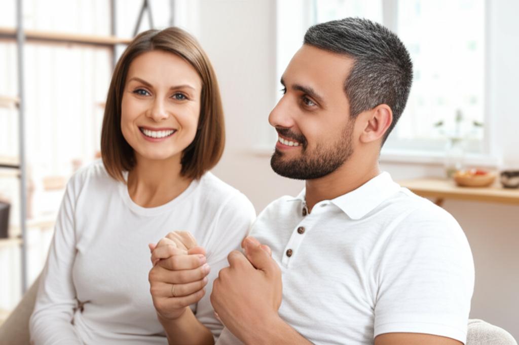 A couple smiling and looking happy together, perhaps holding hands or sharing a quiet moment at home, suggesting improved relationship dynamics.