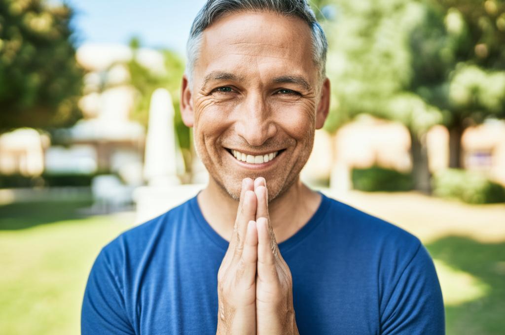 Middle-aged man smiling confidently, looking energetic, perhaps playing with family outdoors, realistic photo