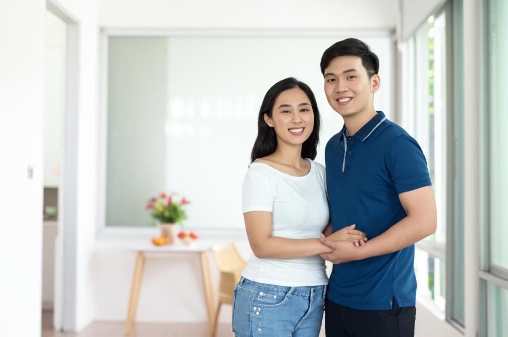 a happy asian couple smiling and holding hands, looking relaxed and intimate, singapore home setting, realistic photo