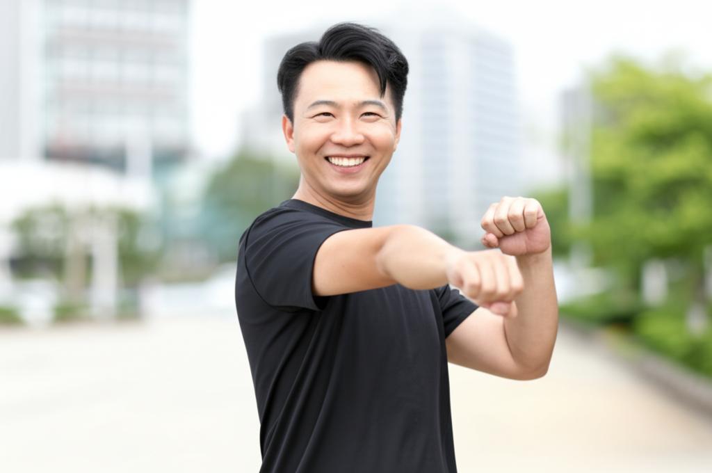 Asian man smiling confidently while exercising outdoors, symbolizing renewed vitality