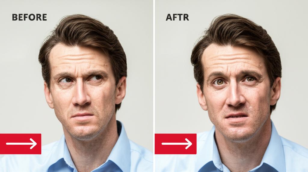 A before-and-after photo showing a man looking tired and stressed in the 
