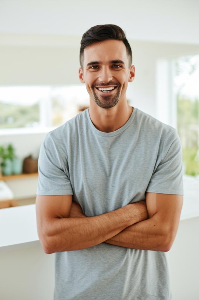 A man smiling confidently, looking energetic and healthy, perhaps in a home setting.
