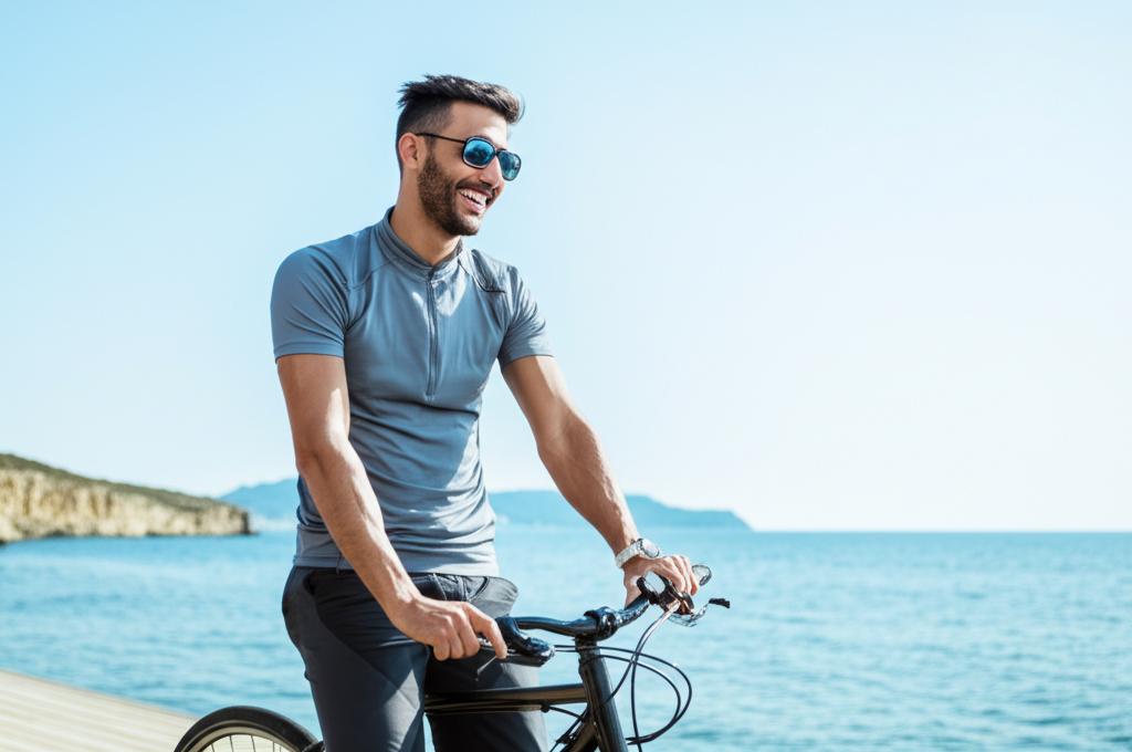 Photo of a smiling man riding a bicycle by the sea, looking energetic and happy, in a sunny coastal landscape.