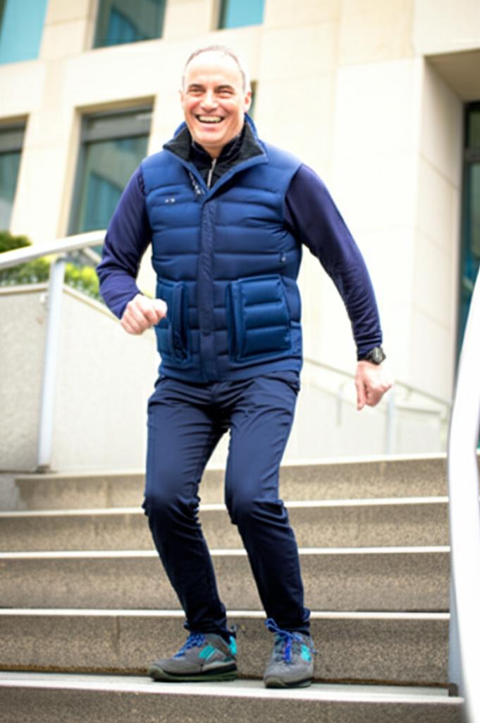Middle-aged man smiling and energetic, easily climbing stairs or walking briskly, realistic photo