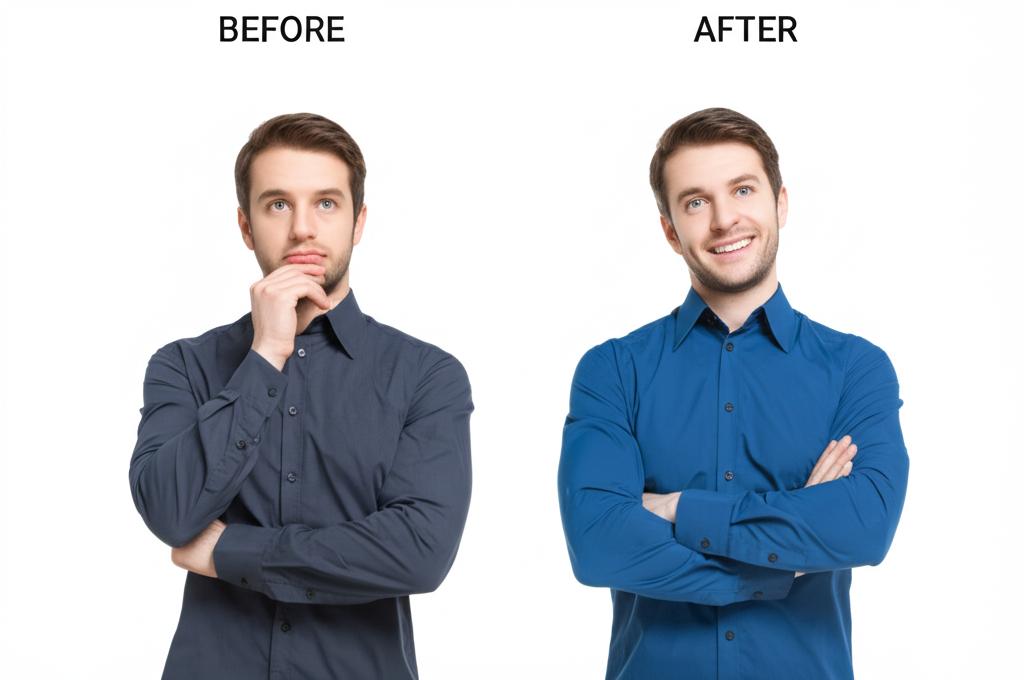 Before and after comparison of a man looking tired and then looking energetic and smiling