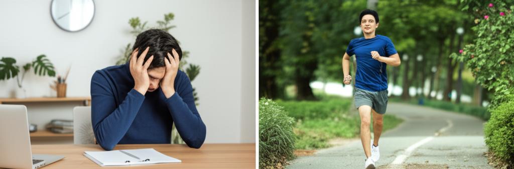 Split image showing two scenes: Left side shows a tired man slumped at a desk. Right side shows the same man looking energetic and smiling while jogging outdoors. English AI prompt: A split image. On the left, a man sits tiredly at a desk, head in hands. On the right, the same man is shown jogging outdoors with a smile, looking energetic. The transition implies improvement. --v 5.2