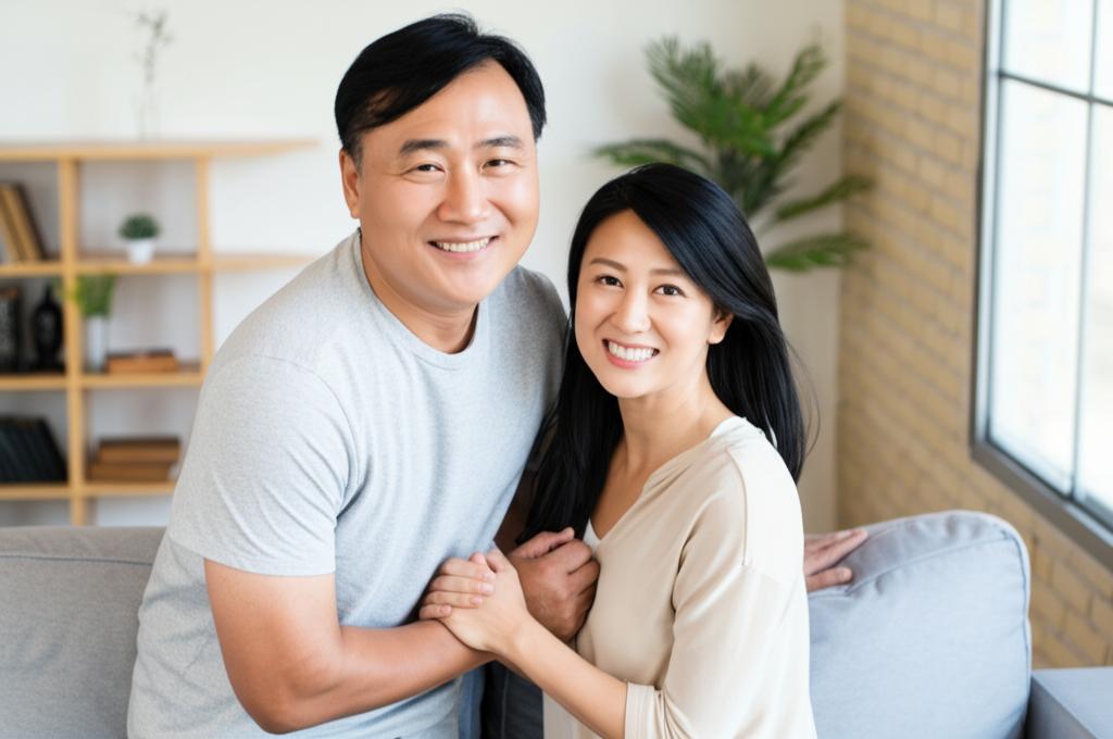 A middle-aged Asian couple smiling and holding hands affectionately in a cozy living room, symbolizing restored intimacy and happiness