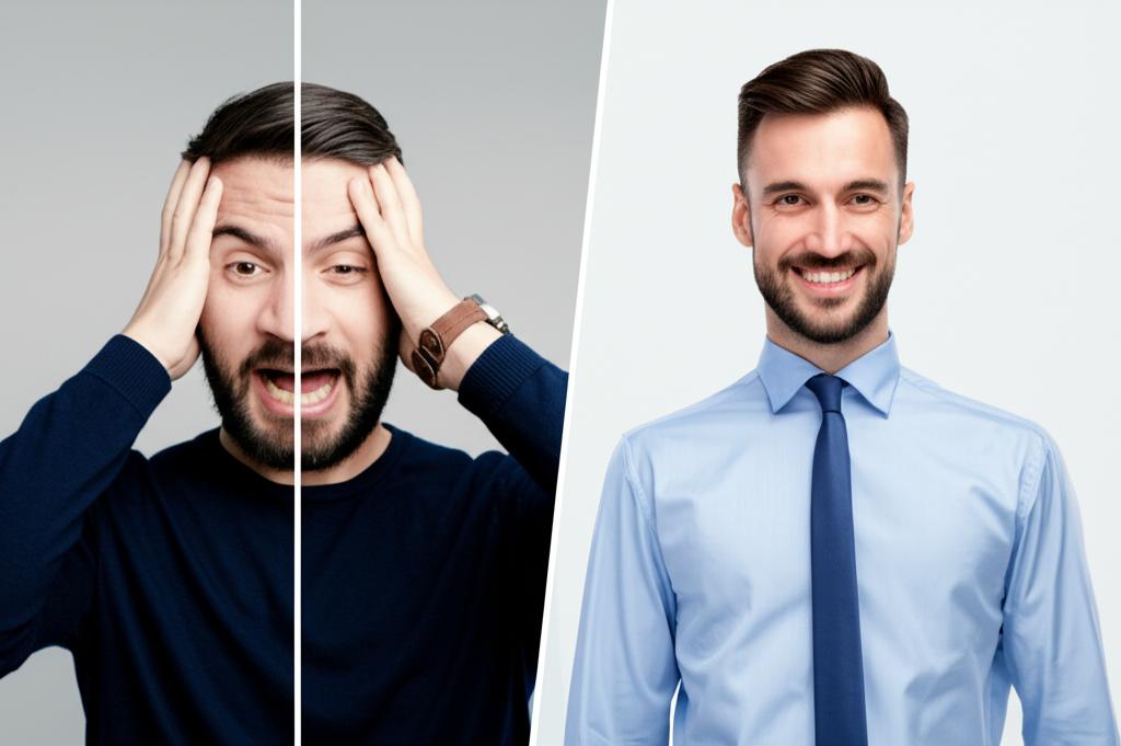 Split image showing a man looking stressed and tired on one side, and the same man looking energetic, confident, and smiling on the other side, implying a transformation. Realistic photo montage.