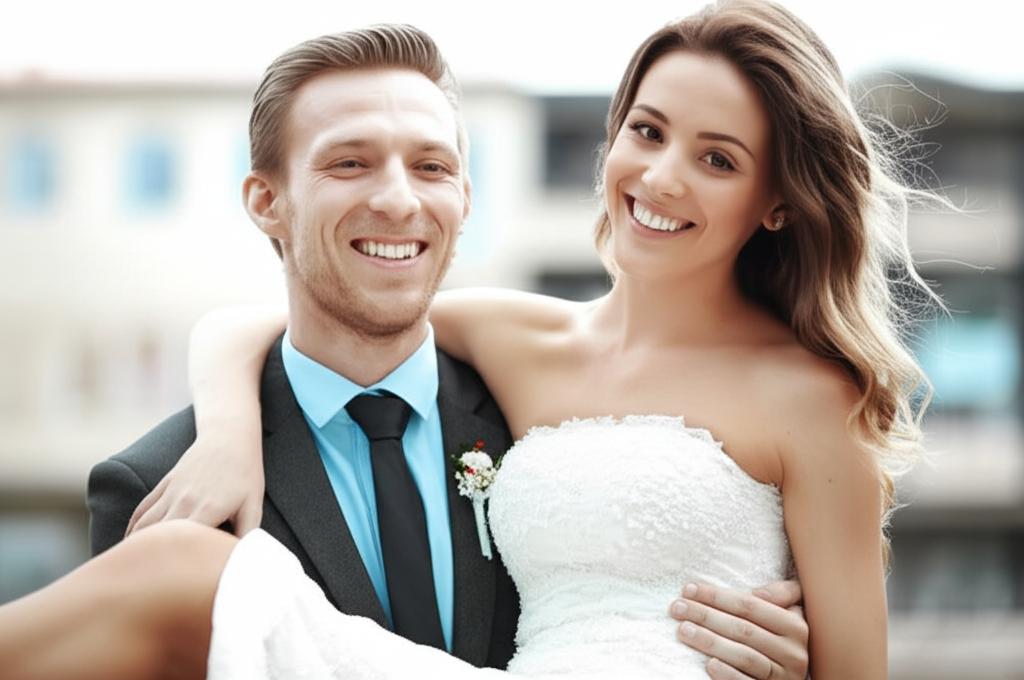 A happy groom smiling and holding his fiancee