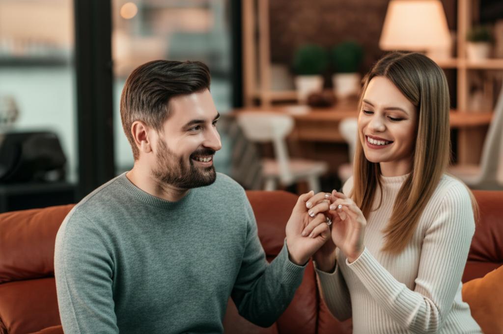 A happy couple smiling and holding hands, enjoying a romantic evening at home.