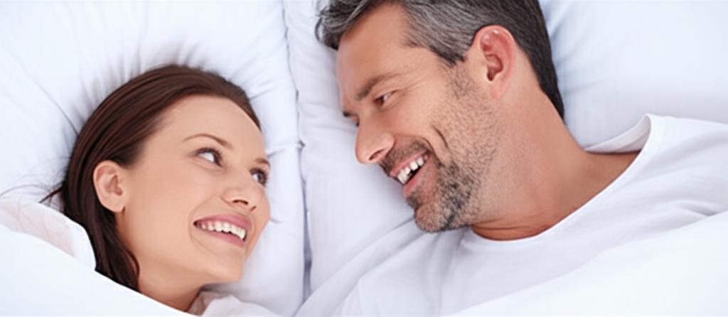 happy couple in bed smiling at each other, regained sexual confidence