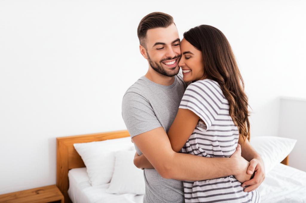 A happy couple hugging in their bedroom, smiling and looking at each other.