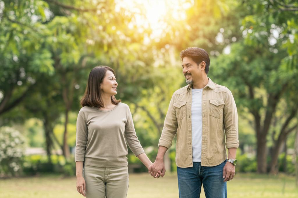A middle-aged couple smiling and holding hands, walking in a park, sunshine filtering through the trees.