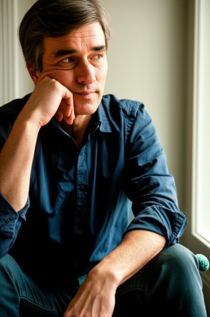 A middle-aged man looking stressed and tired, sitting alone, contemplating his health and vitality, realistic photo style
