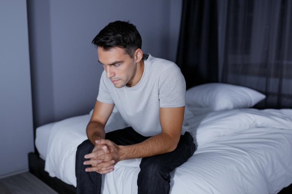 Middle-aged asian man looking tired and worried, sitting on the edge of a bed at night, illustrating frequent urination and sleep disruption. realistic photo.