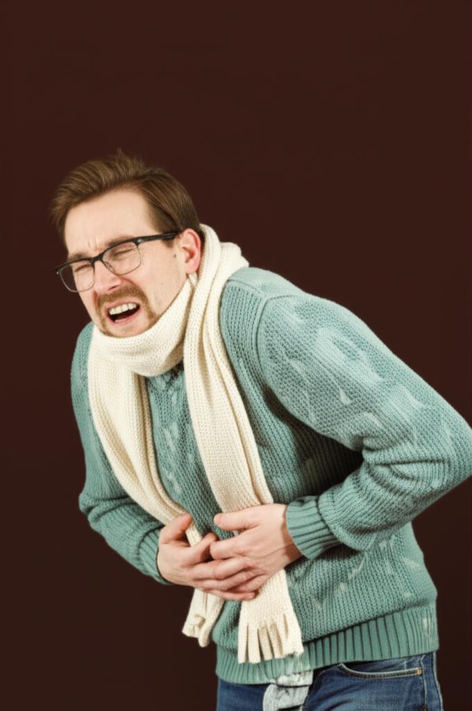 Man feeling cold and uncomfortable, holding his lower back
