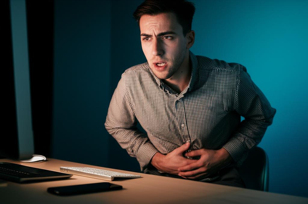 ai prompt: male programmer sitting at desk looking uncomfortable and holding his lower abdomen or perineal area