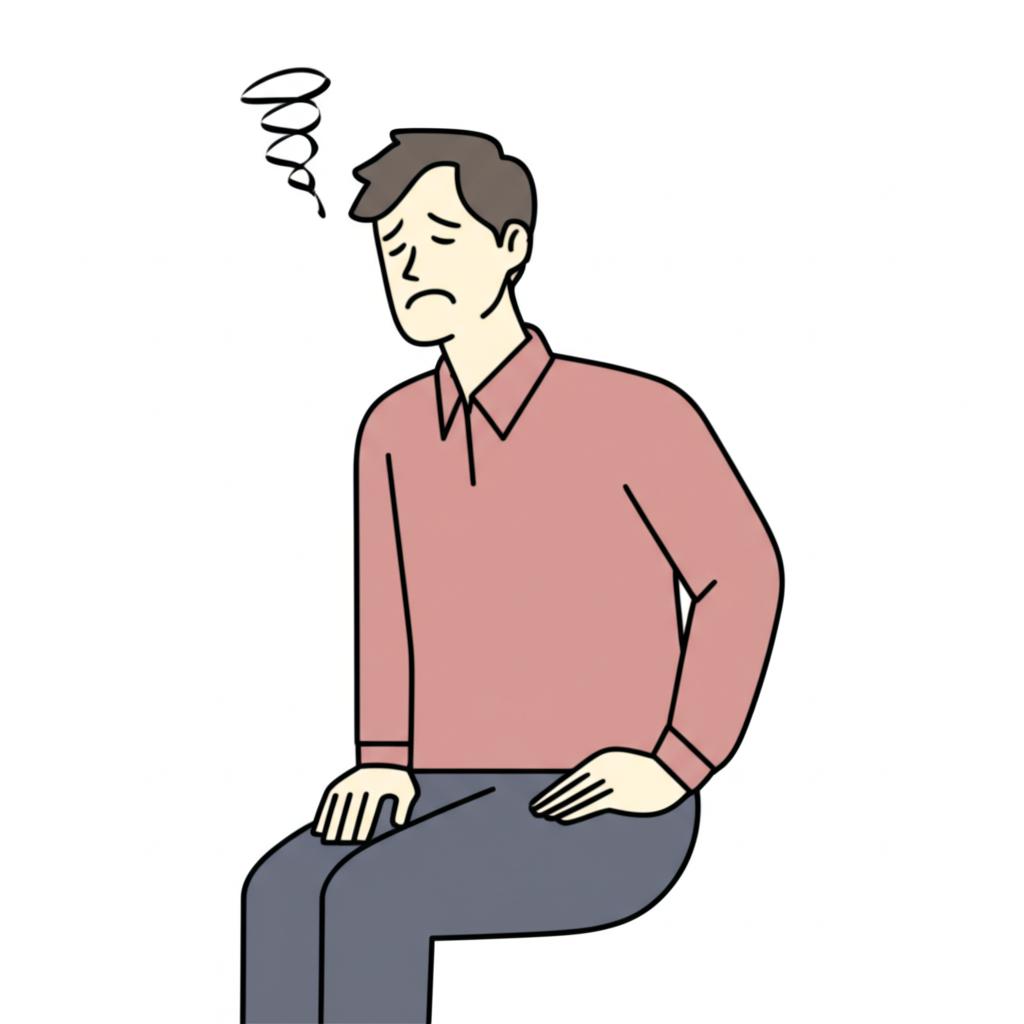 Middle-aged man feeling discomfort after prolonged sitting, looking tired and worried, illustration