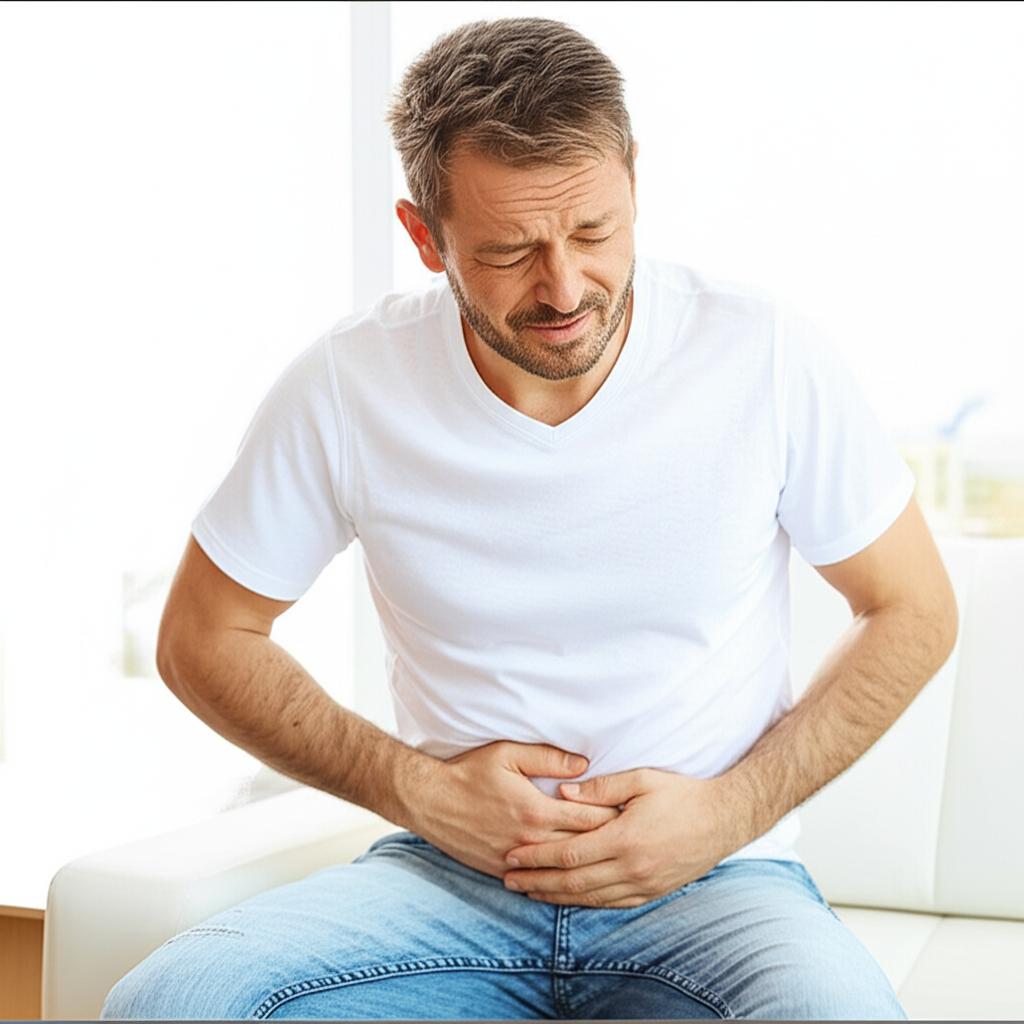 Middle-aged man sitting uncomfortably, holding lower abdomen, looking concerned.