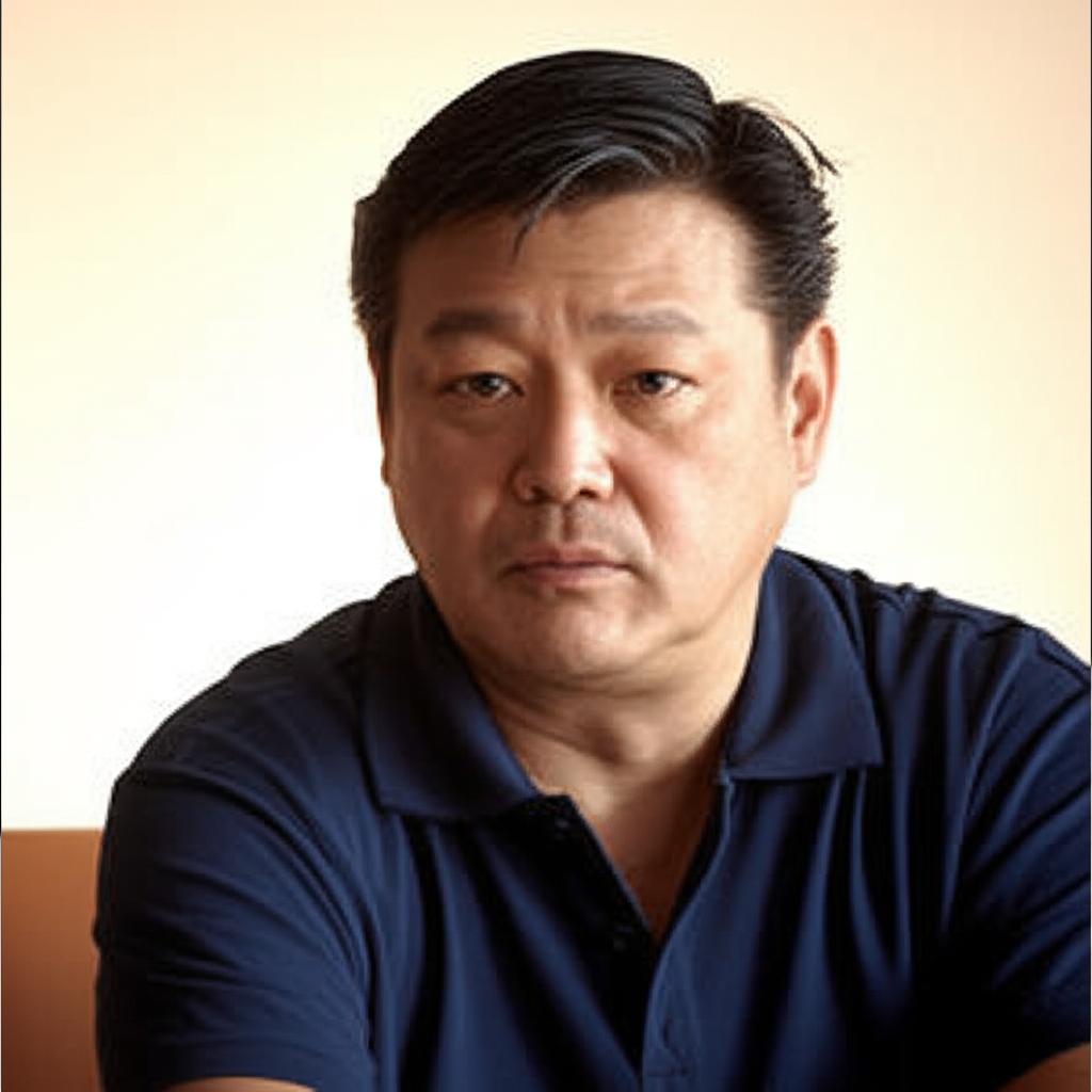 Middle-aged asian man looking thoughtful and slightly frustrated, sitting alone, soft lighting, realistic photo