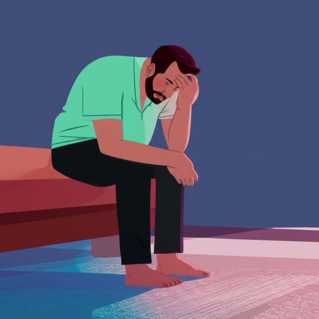 Illustration of a man looking tired and frustrated, sitting on the edge of a bed after intimacy.