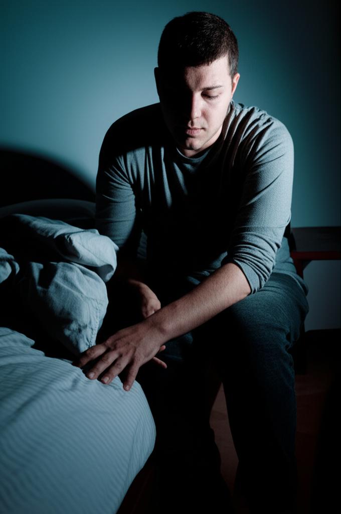 Tired man sitting on bed after intimacy, feeling exhausted and worried, low light, realistic photo